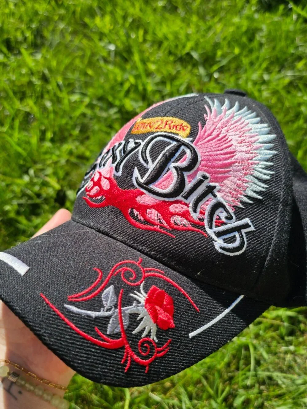 y2k Bikercore Baddie McBling Biker Chic Flames, Wings, Black & Pink Baseball Hat - Picture 3 of 5